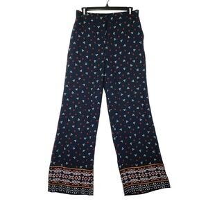 H&M Wide Leg Pants Size 7 Navy Blue Floral Print Bohemian Festival Trousers